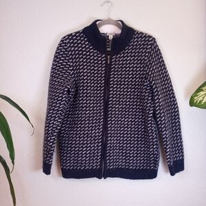 LL Bean Wool Classic Navy Blue White Birdseye Knit Zipper Cardigan Sweater L